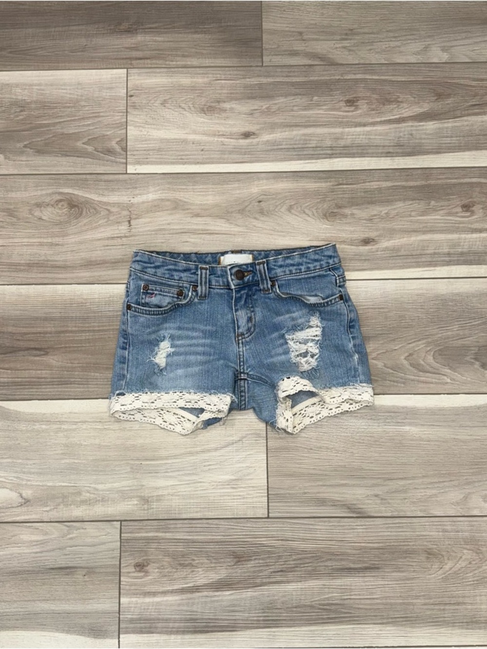 Vintage Aeropostale Light Blue Distressed Denim Shorts with Lace Trim